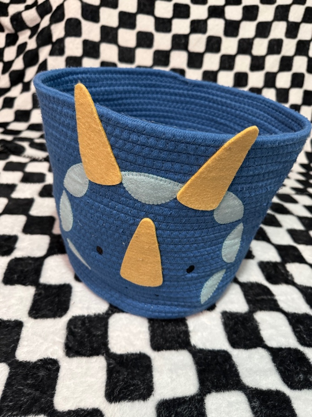 Blue Dino Rope Storage Basket with Yellow Felt Horns